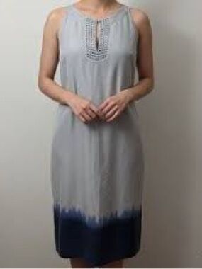 Banana Republic 100% Silk Gray Shift Dress with Navy Dip Dye Hem. PM